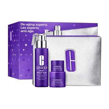 קליניק מארז סרום נגד קמטים + קרם למיצוק + תיק כסוף - Clinique Smart Clinical Repair Facial Care Set (Facial Serum 50 ml + Facial Cream 15 ml + Eye Cream 5 ml + Pouch)
